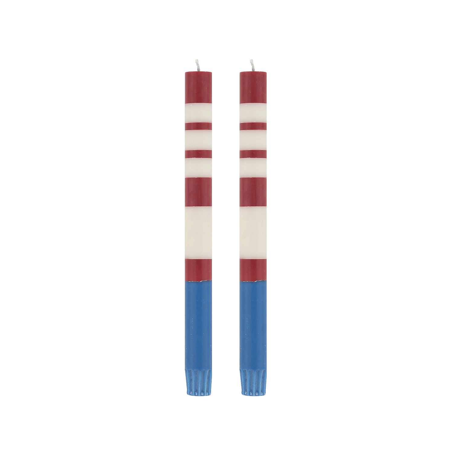 Pair of Guardsman Red, Royal Blue & Pearl White Striped Dinner Candles 25cm