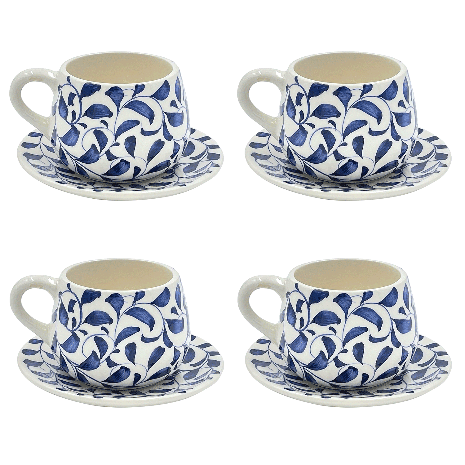 Navy Blue Scroll Coffee Cup & Saucer (Set of 4)