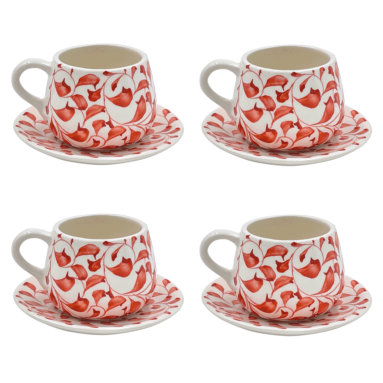 Red Scroll Coffee Cup & Saucers (Set of 4)