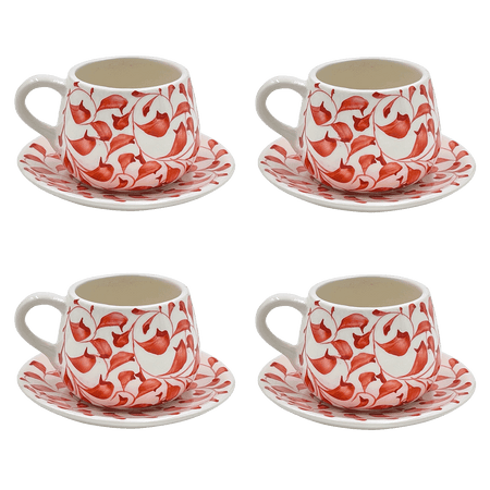 Red Scroll Coffee Cup & Saucers (Set of 4)