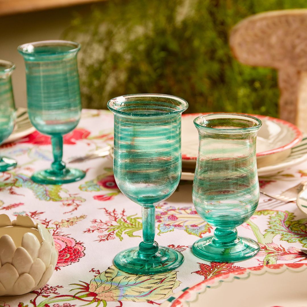 Handblown Cyan Spiral Water Glass