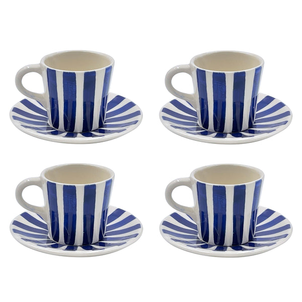 Espresso Cup & Saucer in Navy Blue, Stripes, Set of Four
